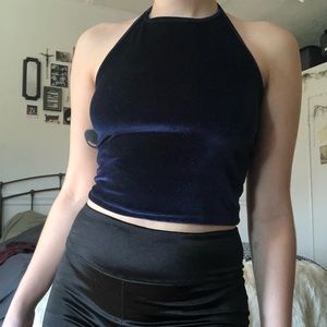 Navy blue velvet tie neck halter crop top